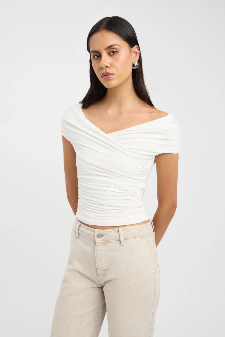 Kookai Addison Top Coconut Milk Draped Cowl Neck Ruched AU 8 US 4